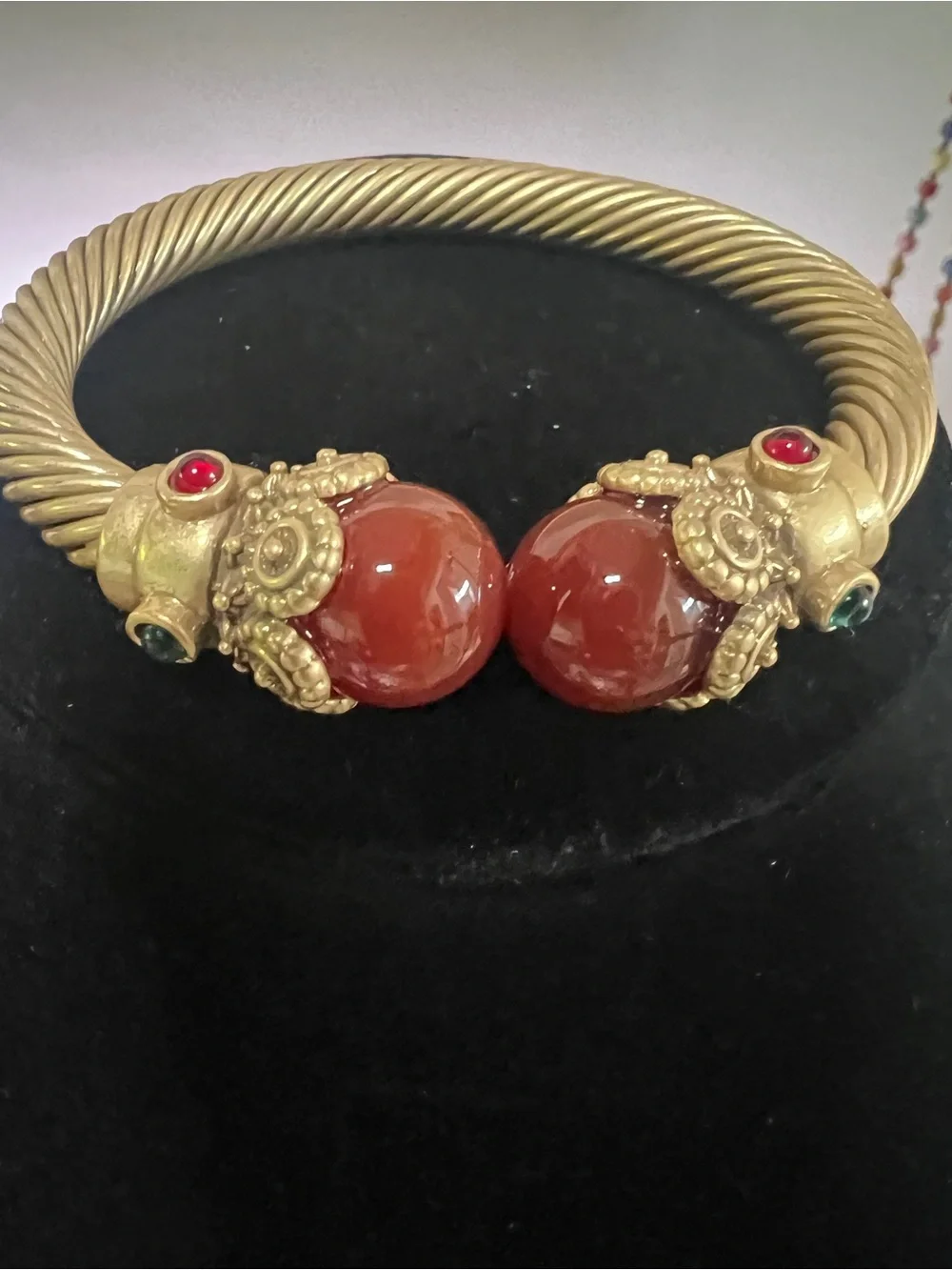Gold-Tone Twisted Open Cuff with Red Agate Orbs